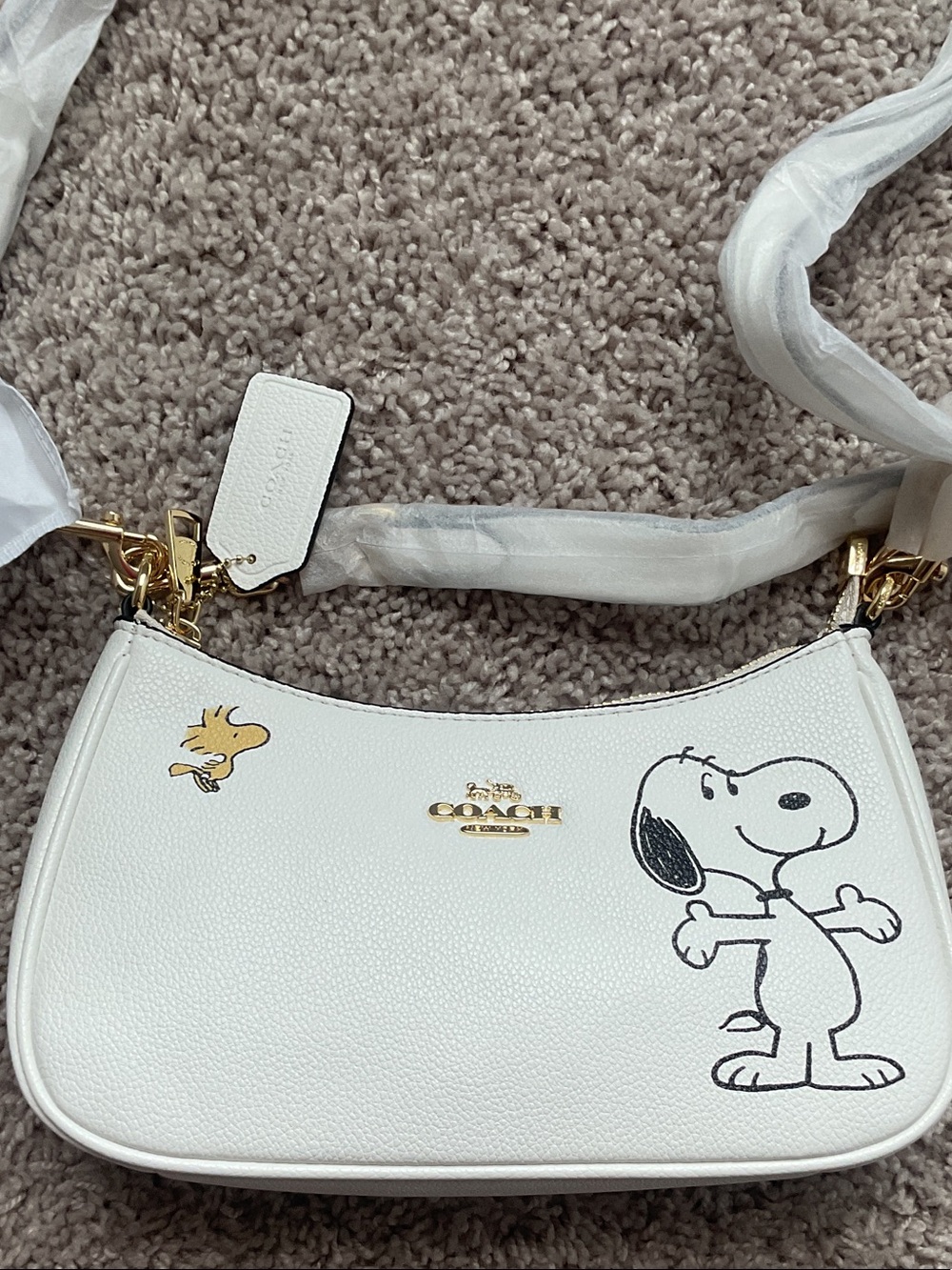 Coach White Leather Shoulder Bag with Snoopy & Woodstock Artwork